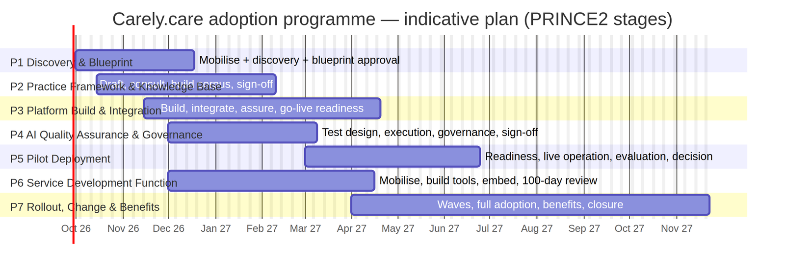 Indicative programme plan for a Carely.care pilot, from discovery and design through pilot delivery to evaluation